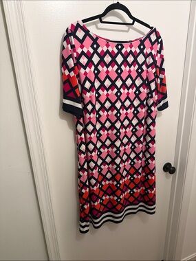 Eliza J Pink, Navy & Coral Geometric Midi Dress